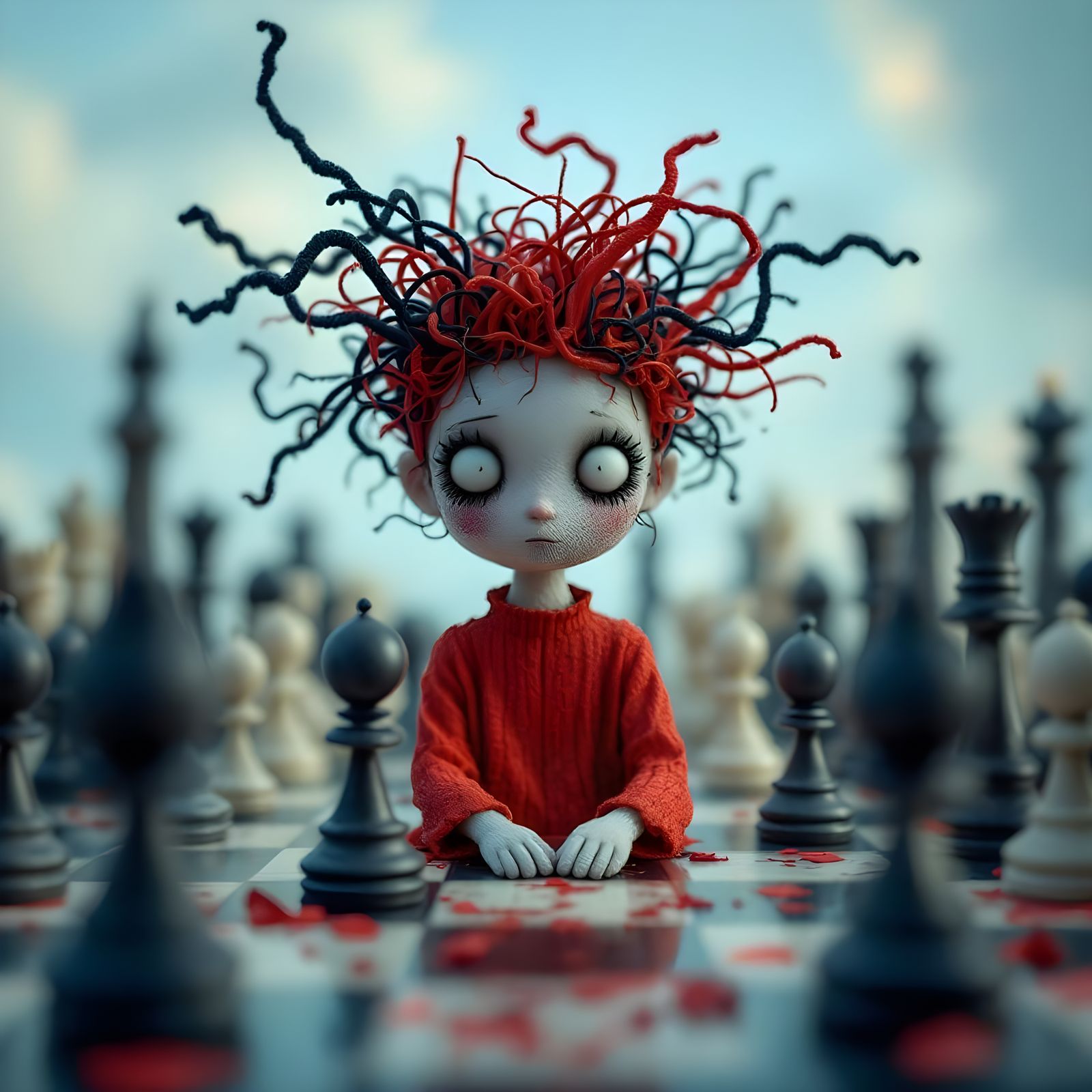 Tragic Queen in Knitted Claymation Chess Kingdom