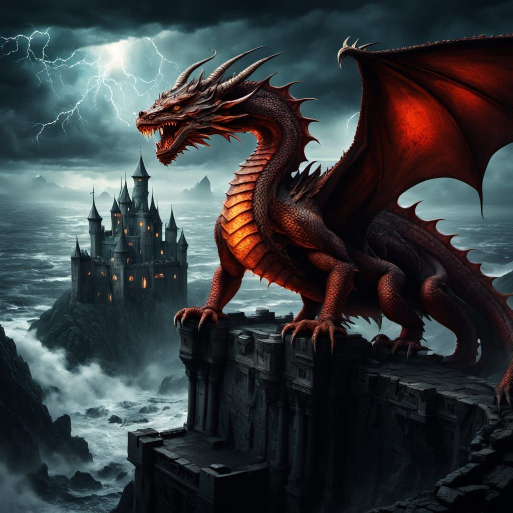Red Dragon Perched Atop Castle Tower