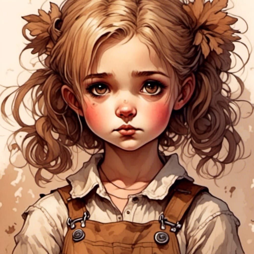 Cute Girl with Pigtails in Aquarell-Style