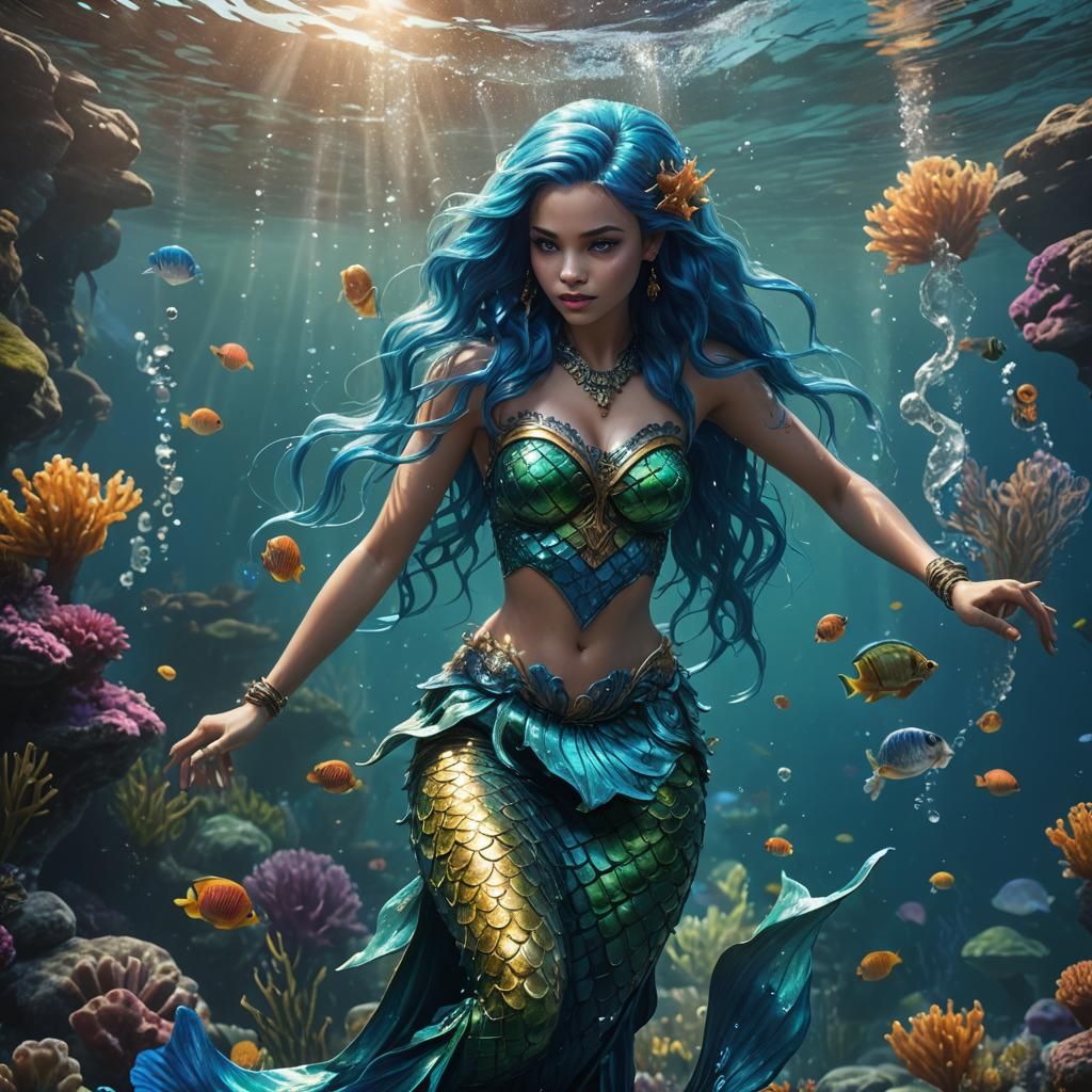 Realistic Blue-Haired Mermaid Underwater: Detailed Matte Pai...