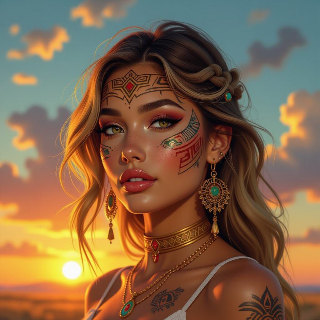 a beautiful blonde models close face, completely painted wit...