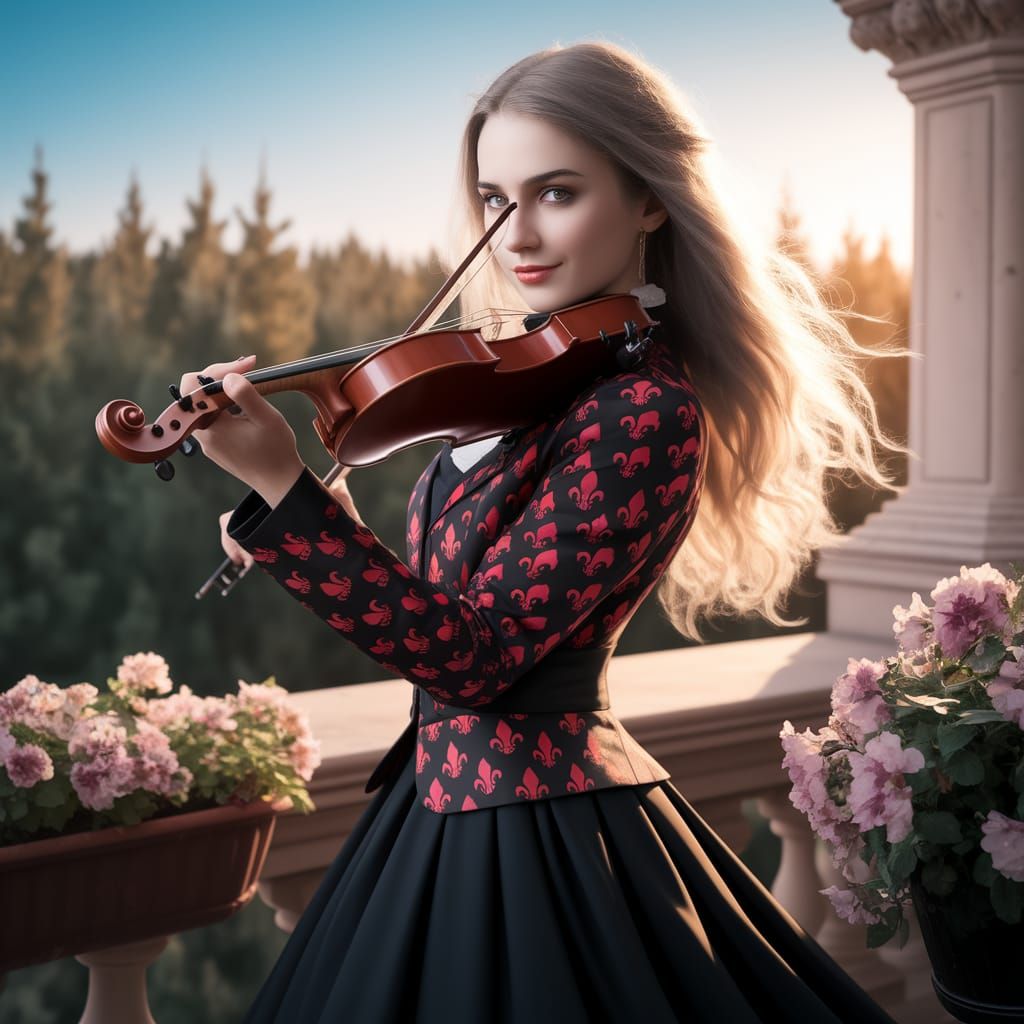 Gothic Woman Plays Violin on Castle Balcony
