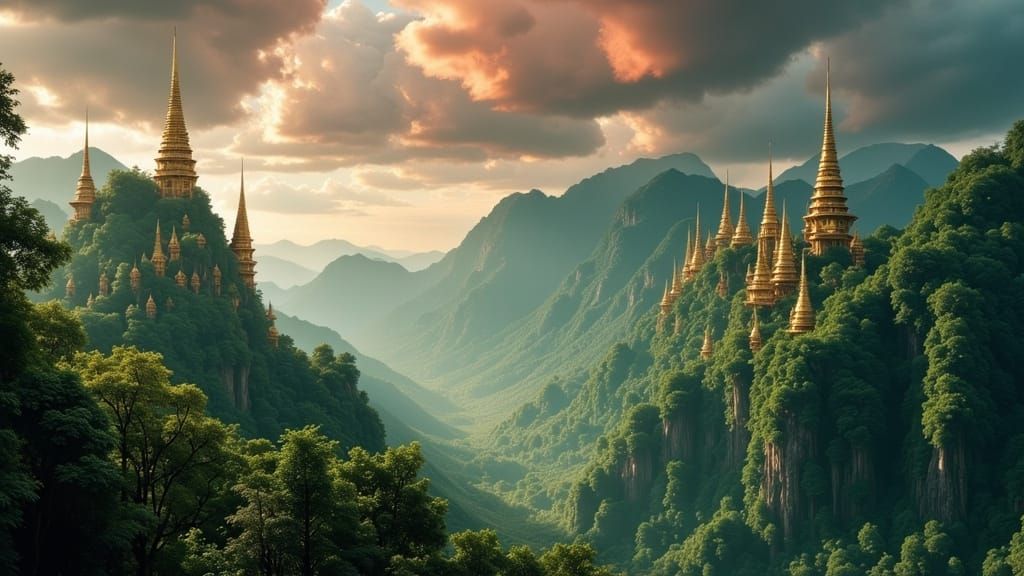 Jade Temple with Golden Spires in Stormy Jungle