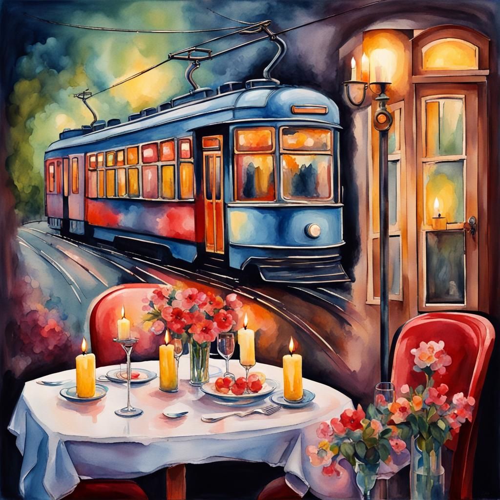 Romantic Diner Watercolor Heart with Tram