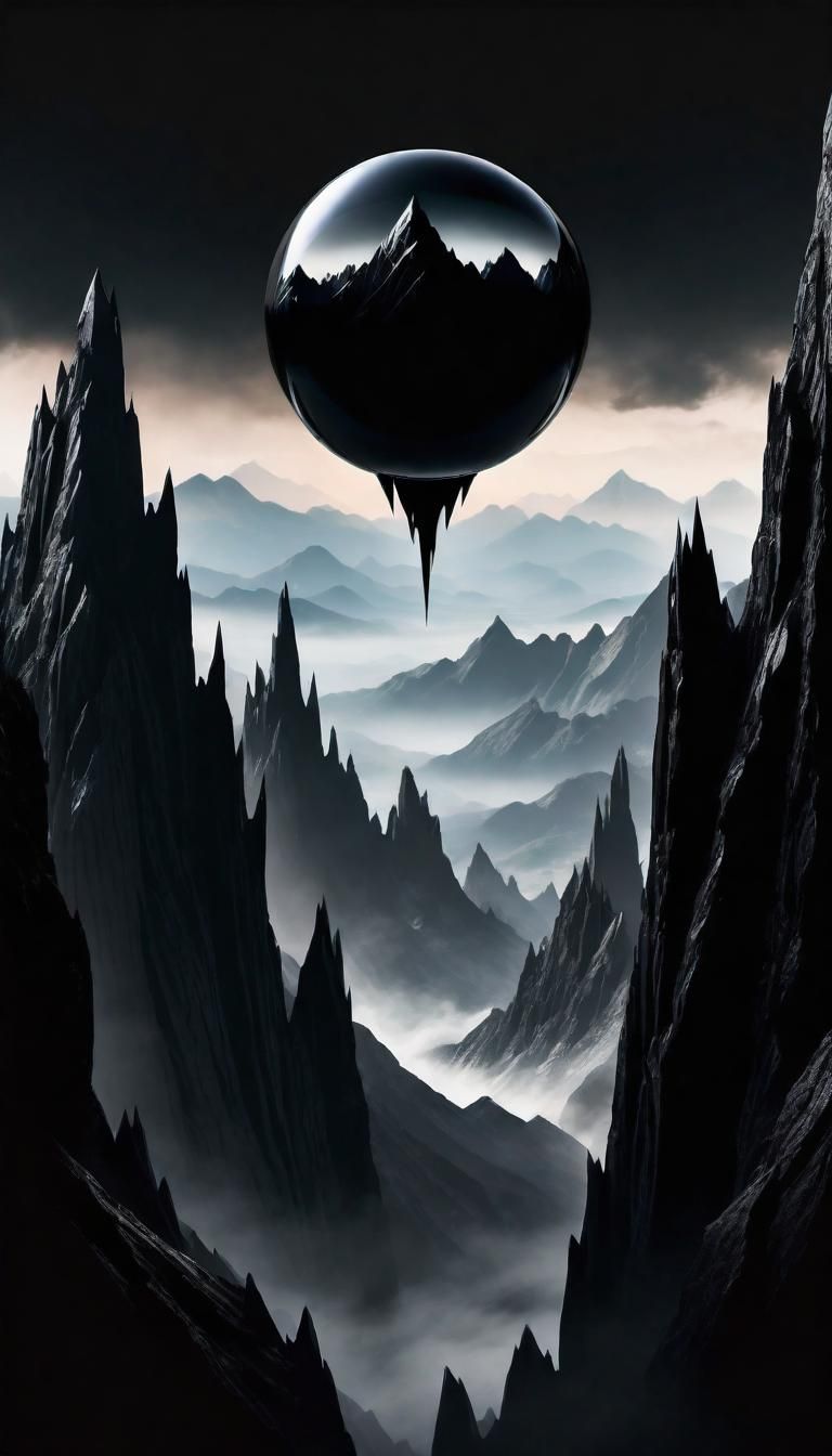 Obsidian Orb Over Jagged Mountains: Dark Fantasy Art