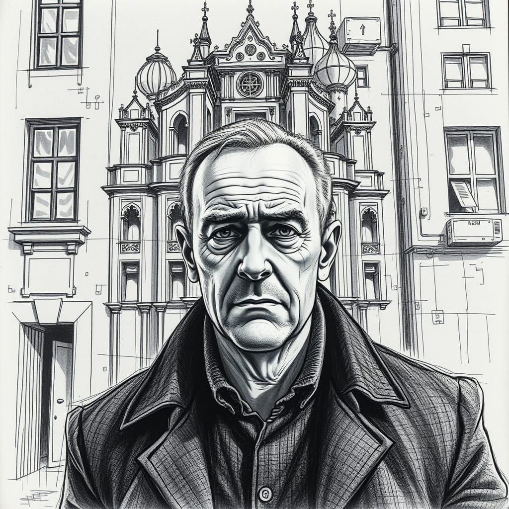 Man's Portrait Emerging from Architectural Charcoal Sketch