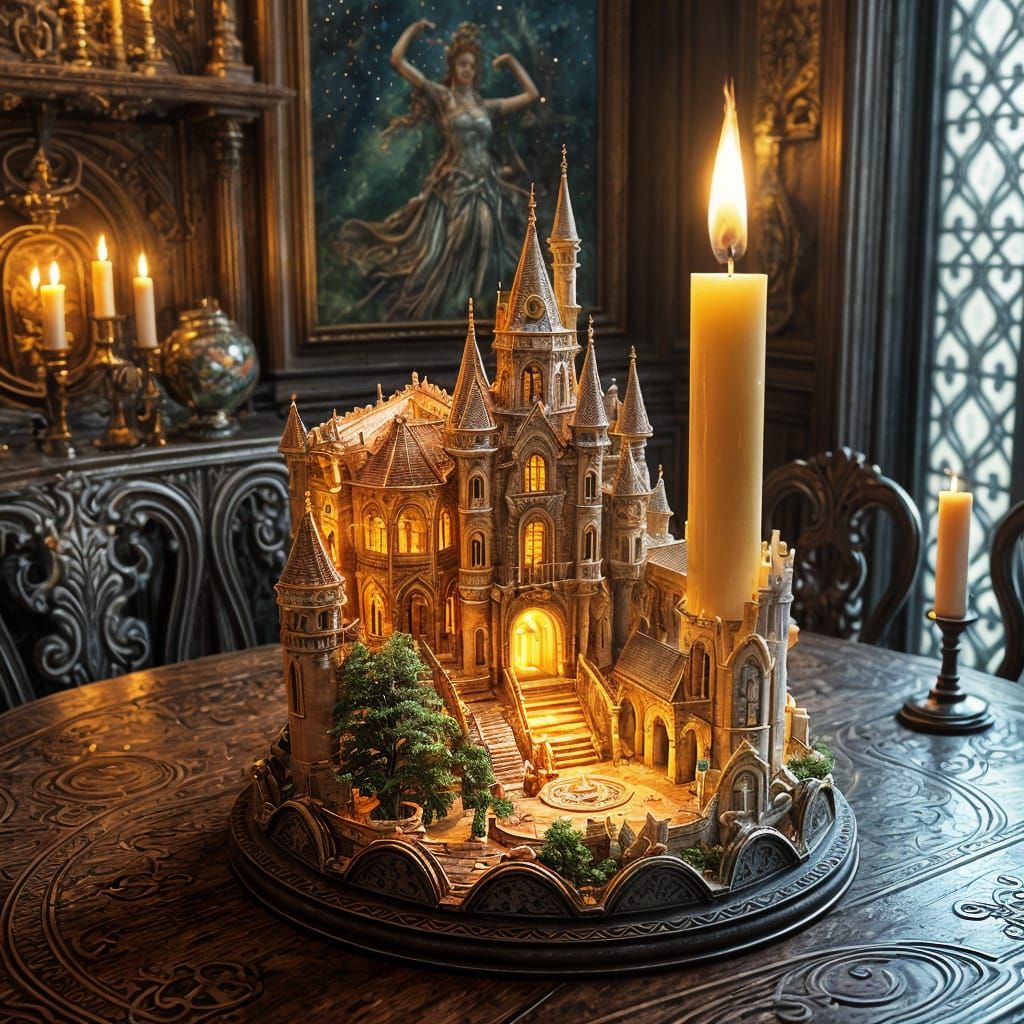 Majestic Castle Inside Candle, Detailed Illustration