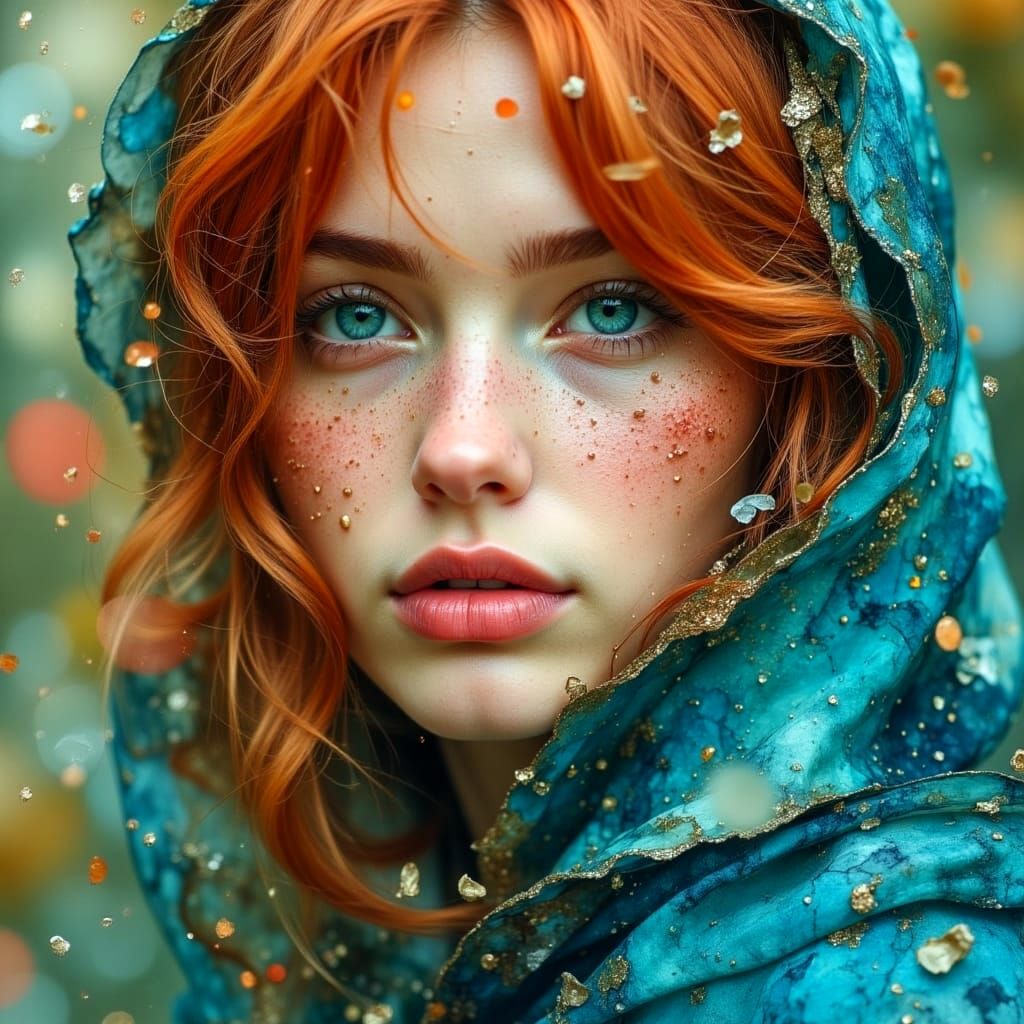 Auburn-Haired Woman with Blue Eyes in Pastel Setting