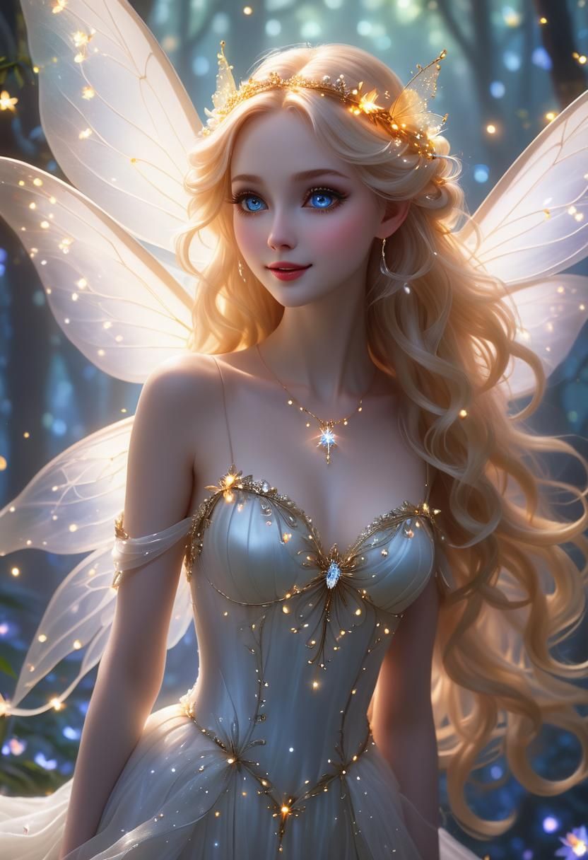 Ethereal Fairy Surrounded by Fireflies in Radiant Light