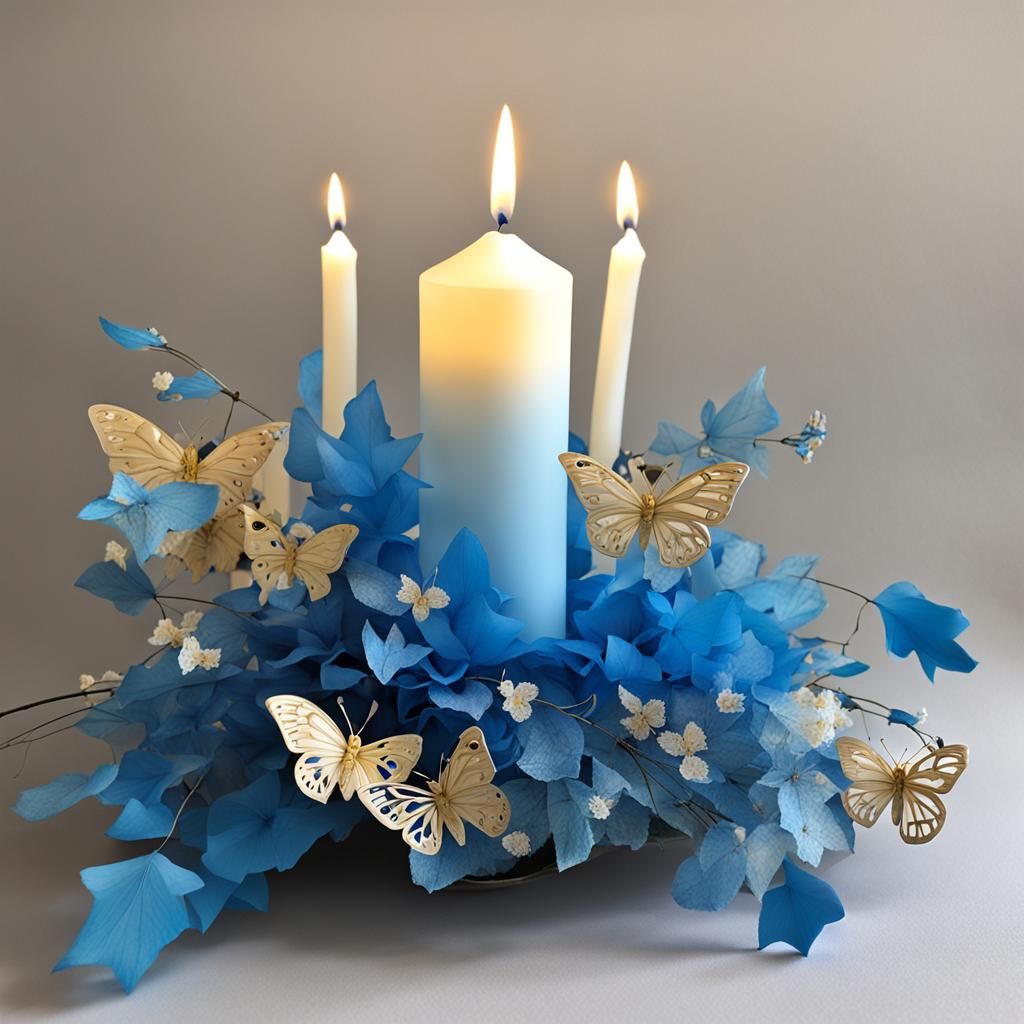 Festive Candle Bouquet with Butterflies and Blue Leaves