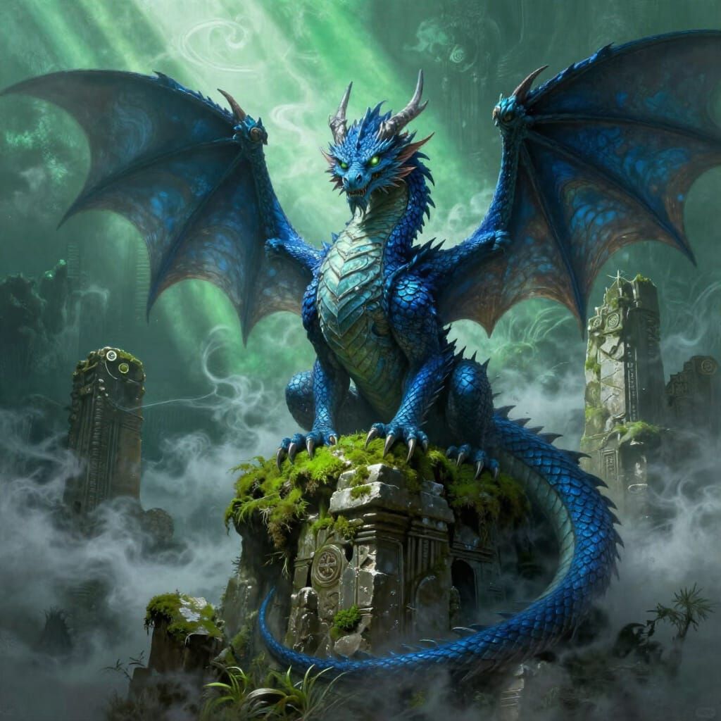 Majestic Blue Dragon on Ancient Ruins in Fantasy Art Style