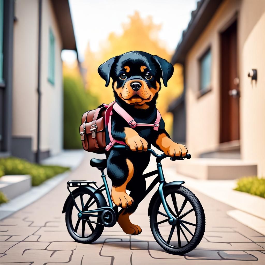 Rottie with a backpack riding a bike