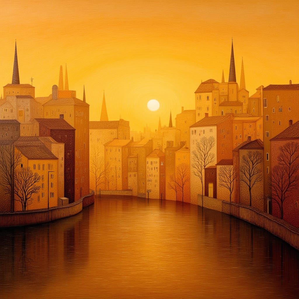 Golden Cityscape Sunset in Dreamlike Expressionist Style