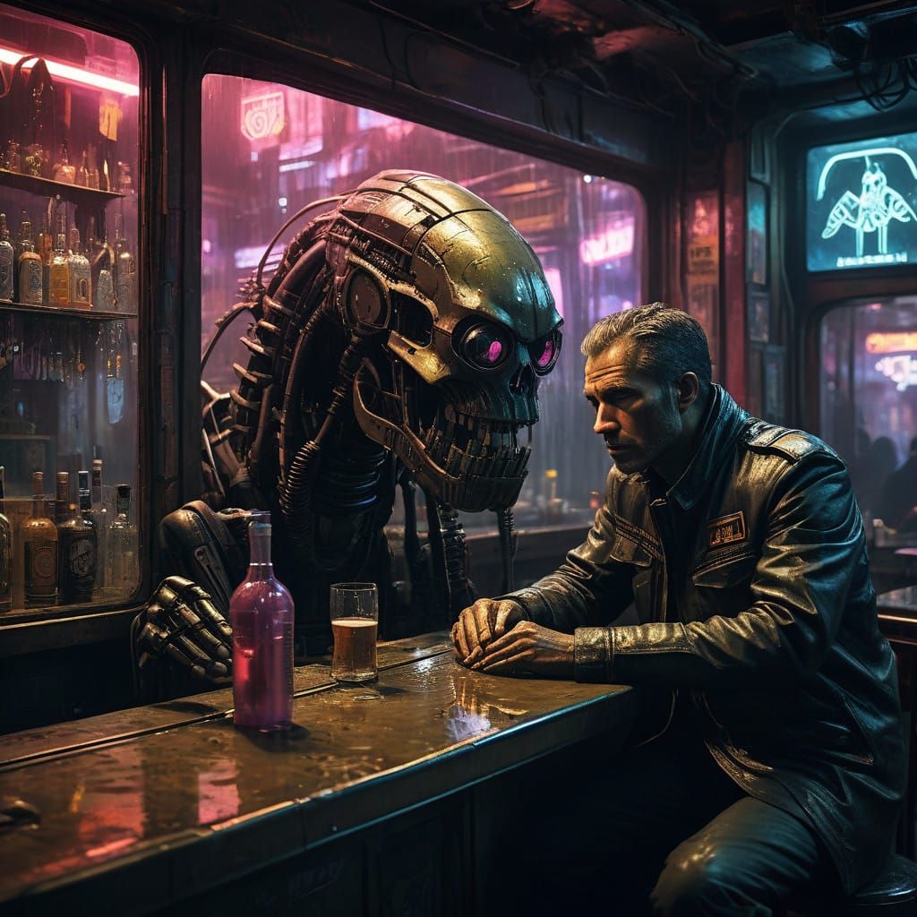 Dimly Lit Expat Bar in Neon Underworld