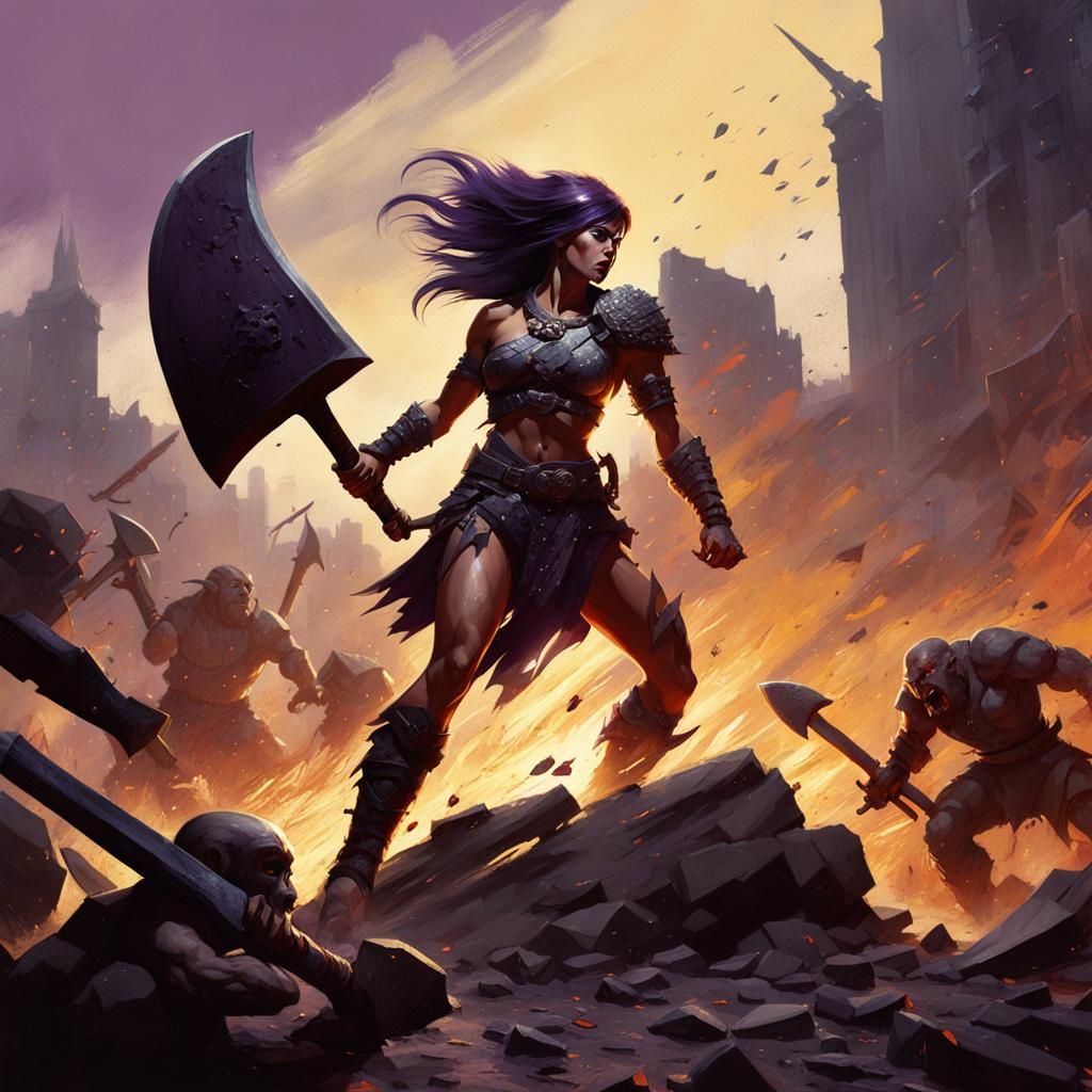 Brutalist Dark Fantasy Barbarian Slaughtering Goblins