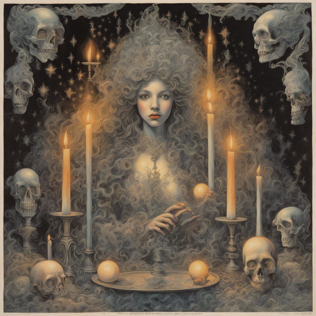 Translucent Witch with Black Cat and Cosmic Hair