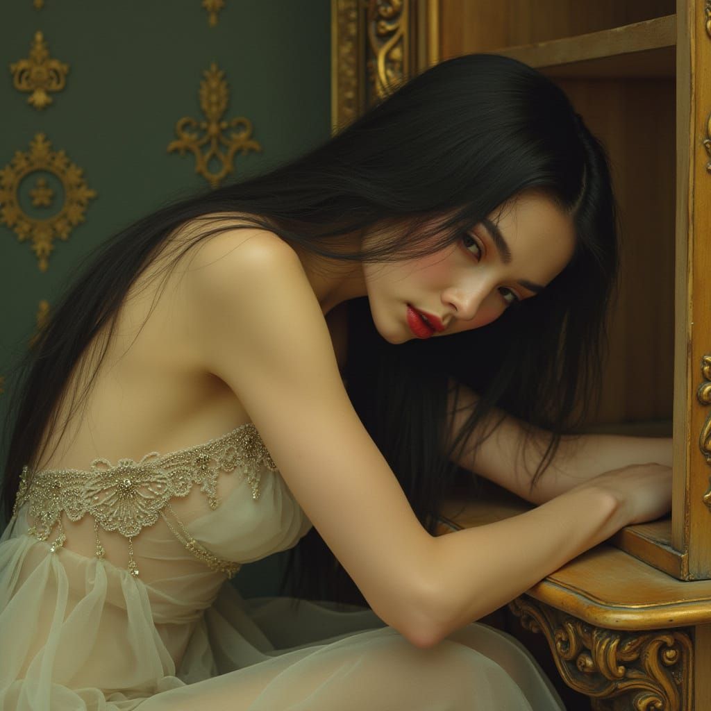 Ethereal Woman in Transparent Gown, Backlit by Golden Light