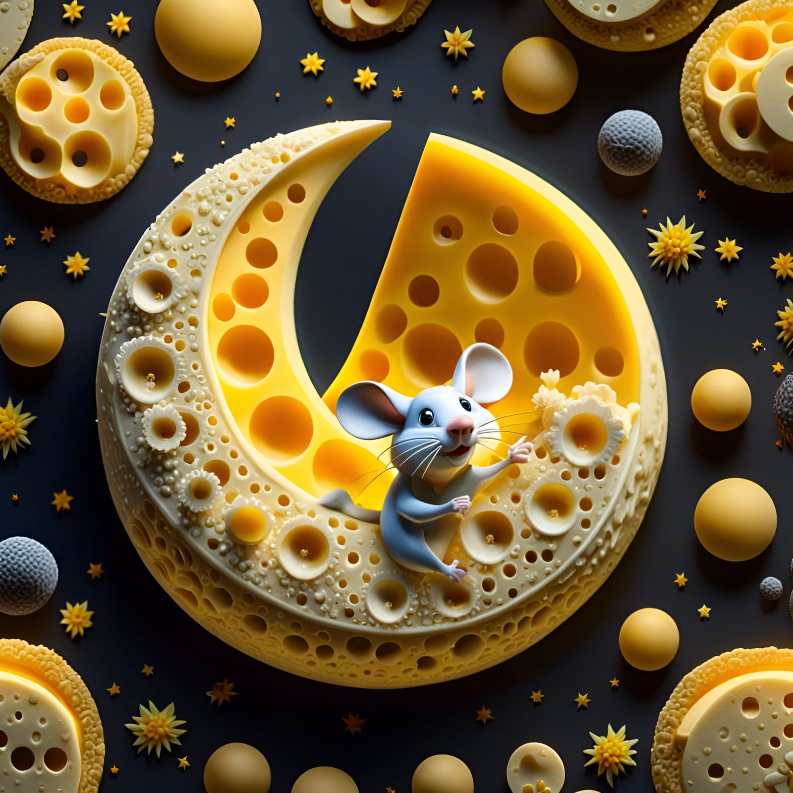 Cheese Moon with Cartoon Mice