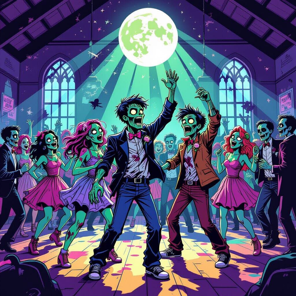 Zombie Prom Night: Diverse Teens Dance in Ethereal Glow