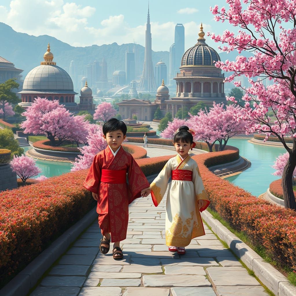 Elegant Children Stroll Through Futuristic Eco-Park