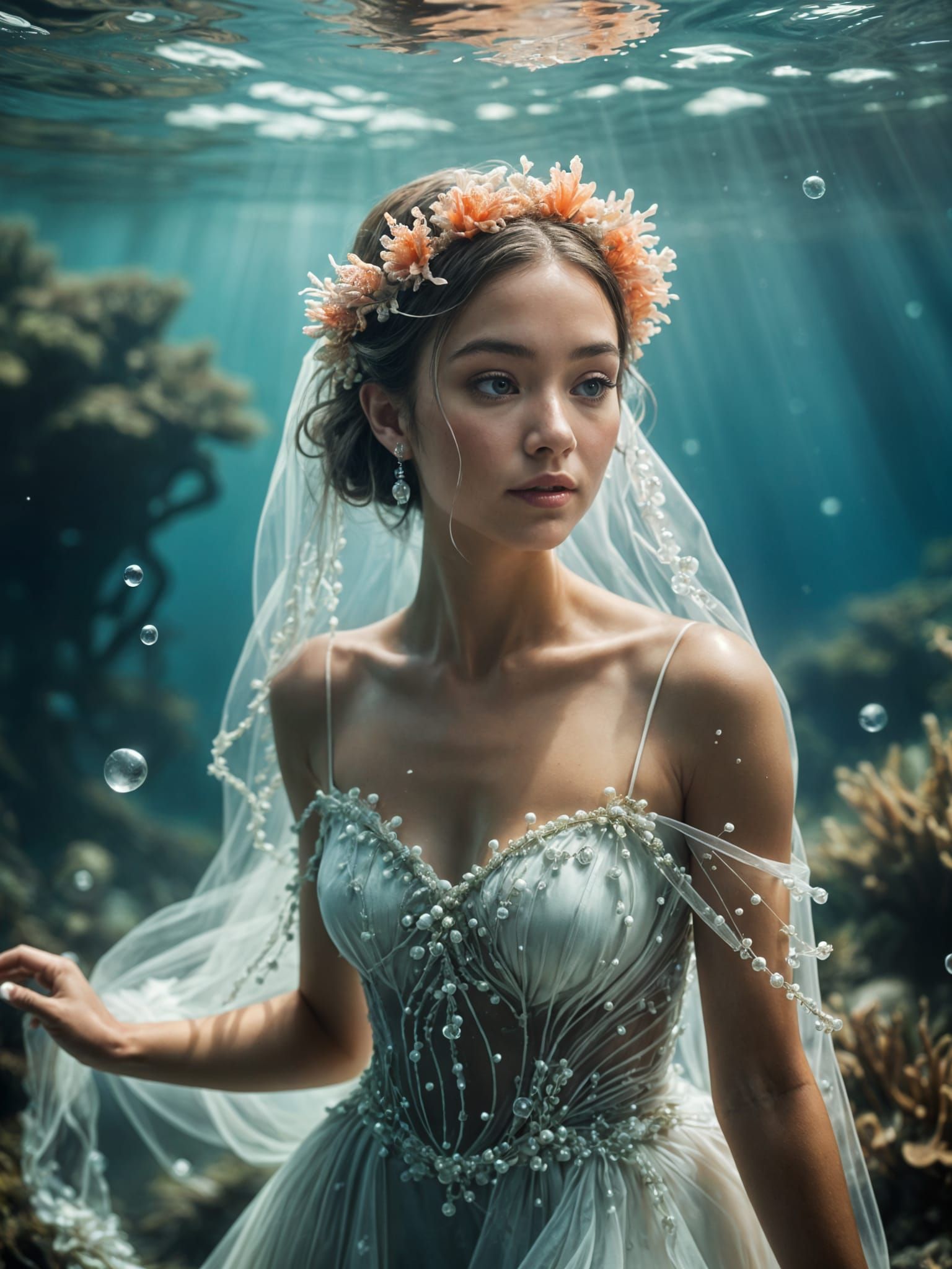 Ethereal Bride of the Ocean in a Flowing Gown with Pearl Acc...