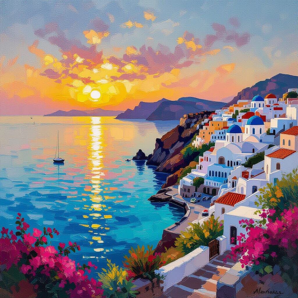 Mediterranean Sunset Oil Painting with Cliffside Villages