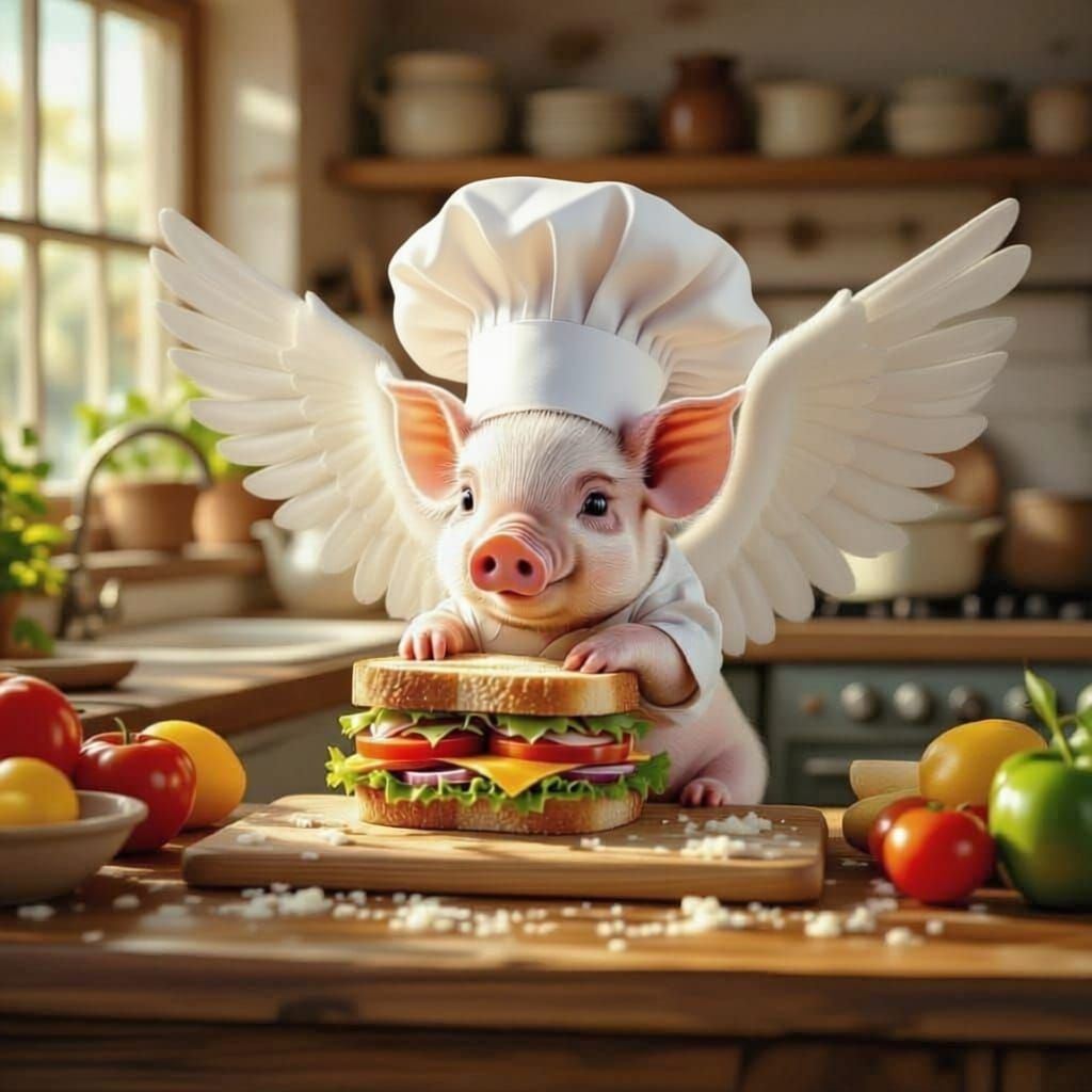 Piglet Chef Assembles Giant Sandwich in Rustic Kitchen