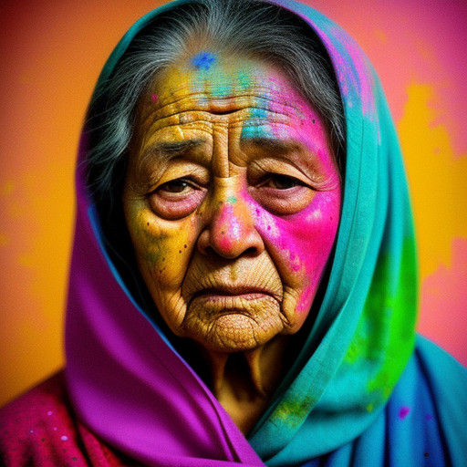 Ethereal Grandma's Portrait in Vibrant Holi Colors