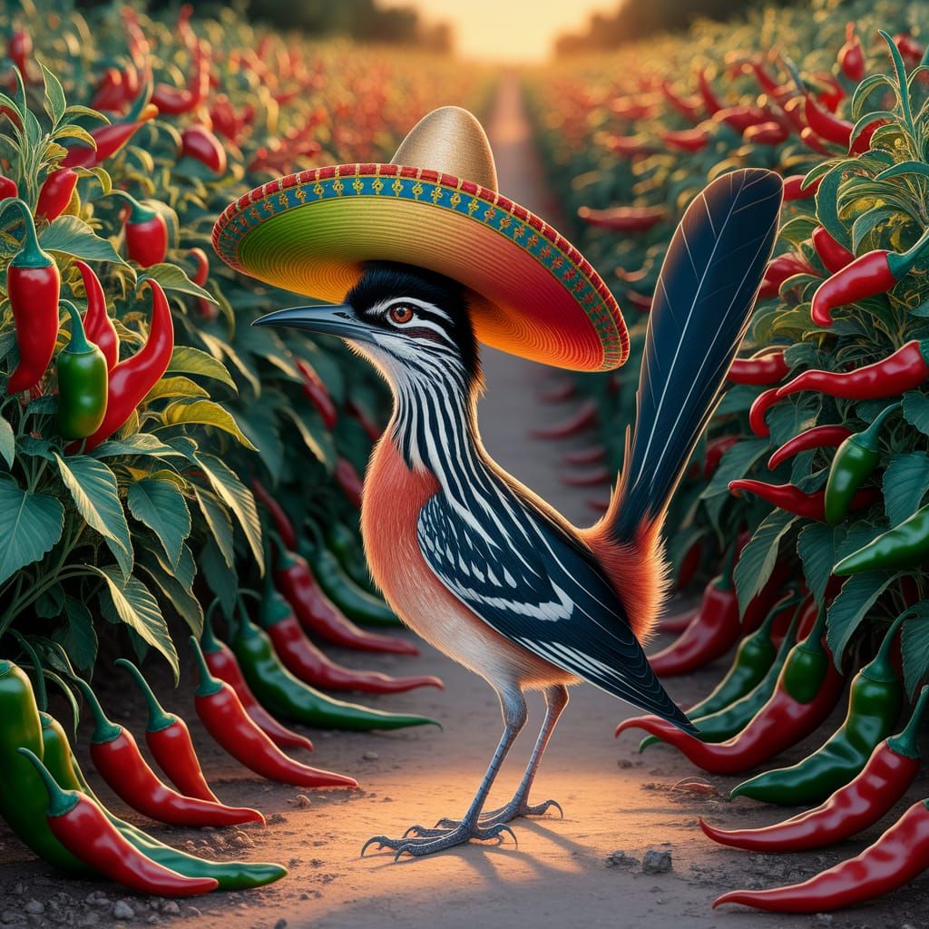 Roadrunner in Sombrero Amidst Chili Plants