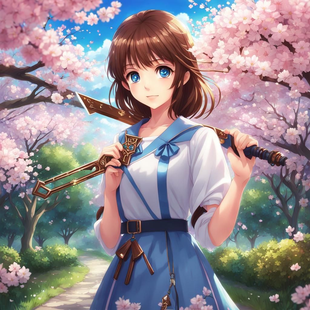 Anime Girl with Keyblade in Cherry Blossom Garden