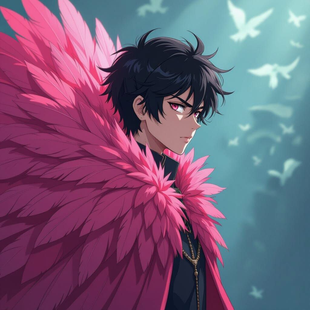 Anime Teenager with Pink Feather Cape, Ominous Power