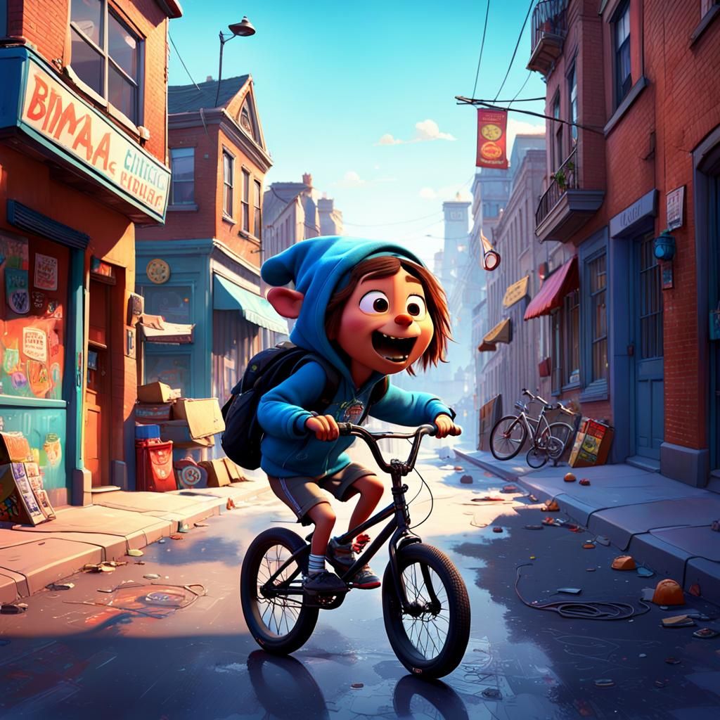 Pixar-Style Street Scene with BMX Riders