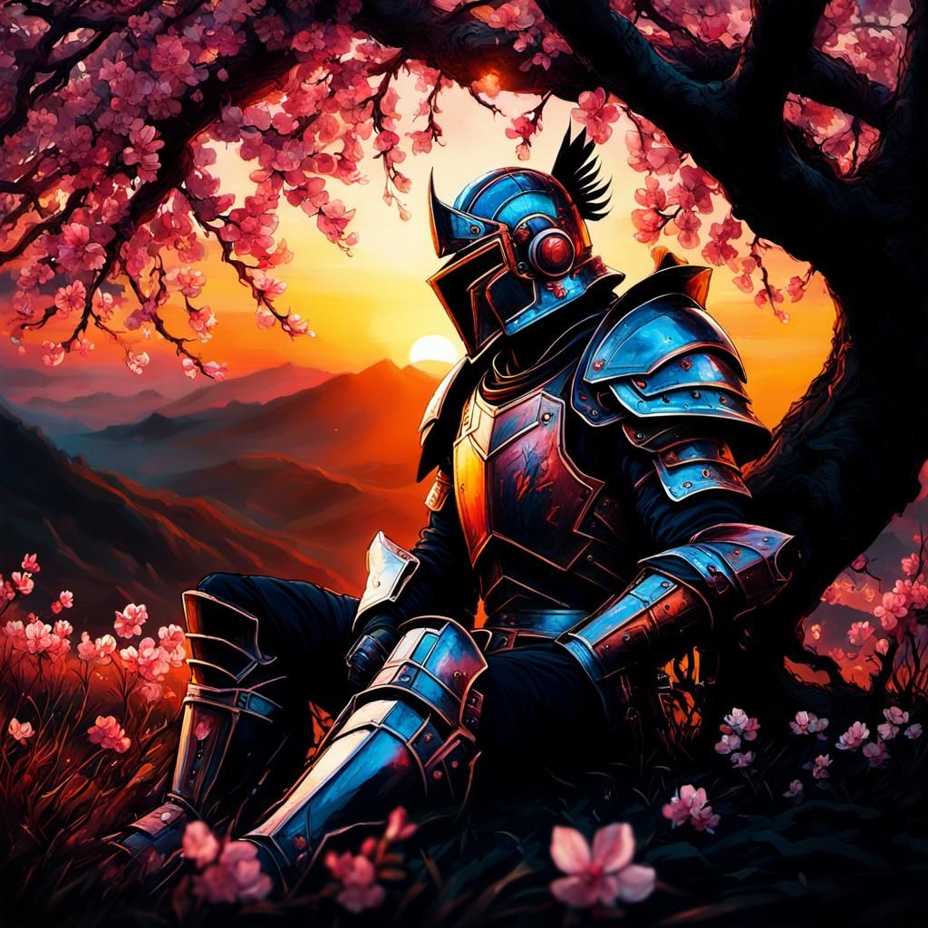 Melancholic Knight Under Peach Tree at Sunset