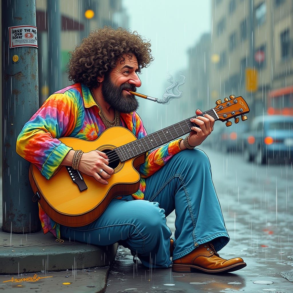 curly haired, big nose, short fat hippy, playing an acoustic guitar, while smoking a hand rolled cigarette on a street c...