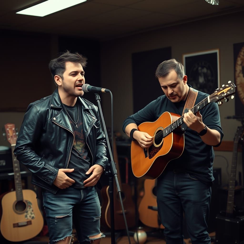 Punk Singer and Guitarist in Rehearsal, Surreal Illustration