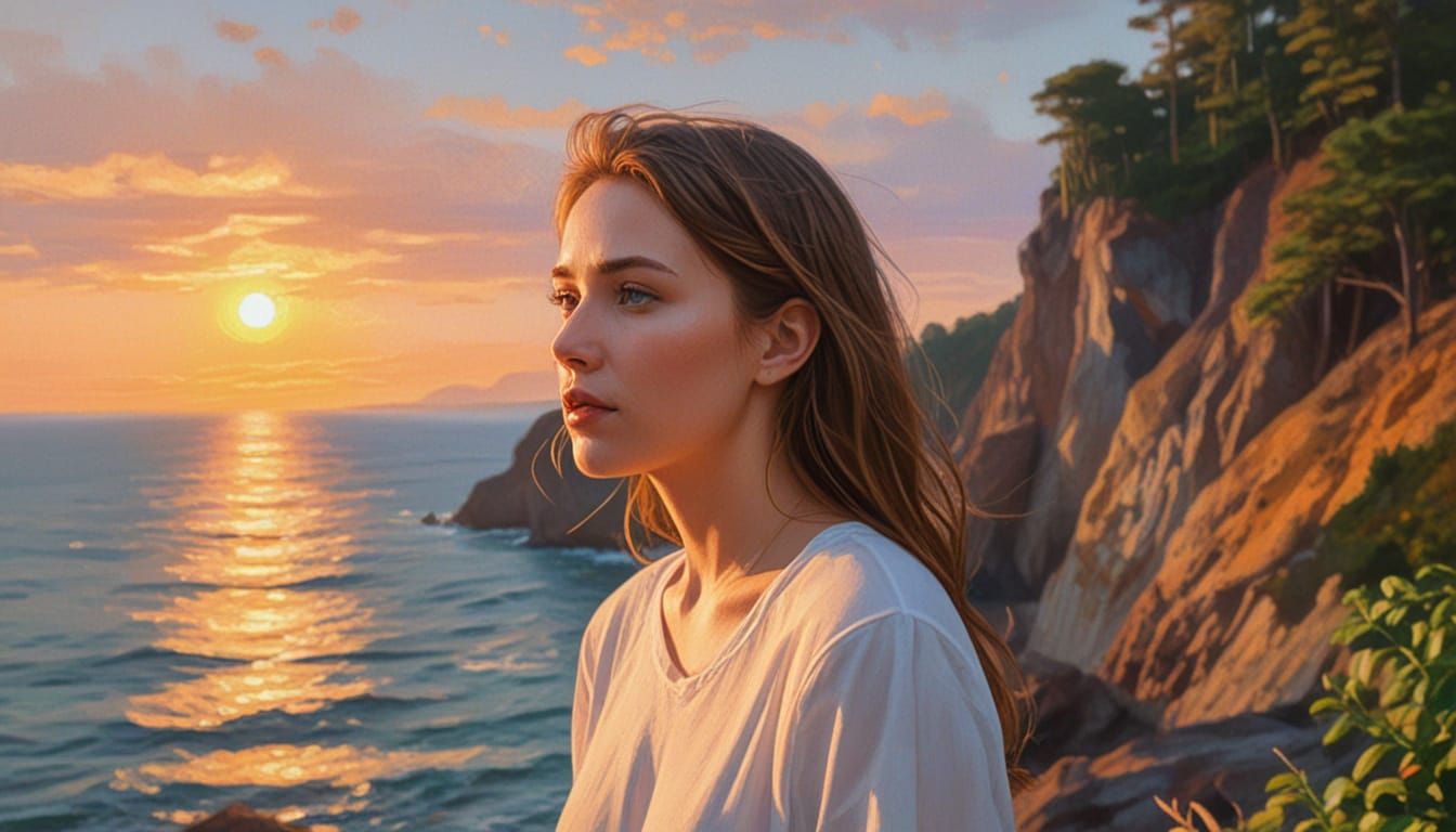 Woman Watching Sunset: Fauvist Expressionist Oil Painting