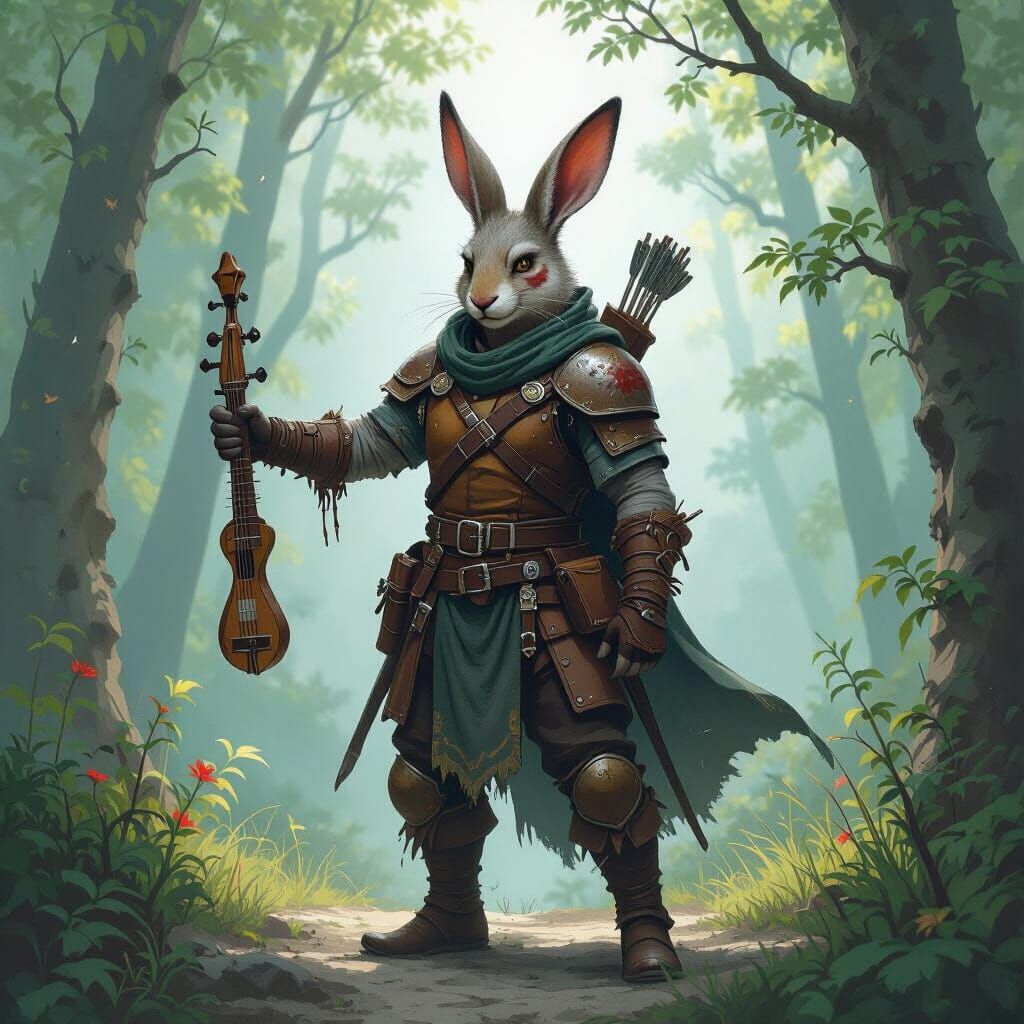 Scarred Harengon Bard in High-Fantasy Style