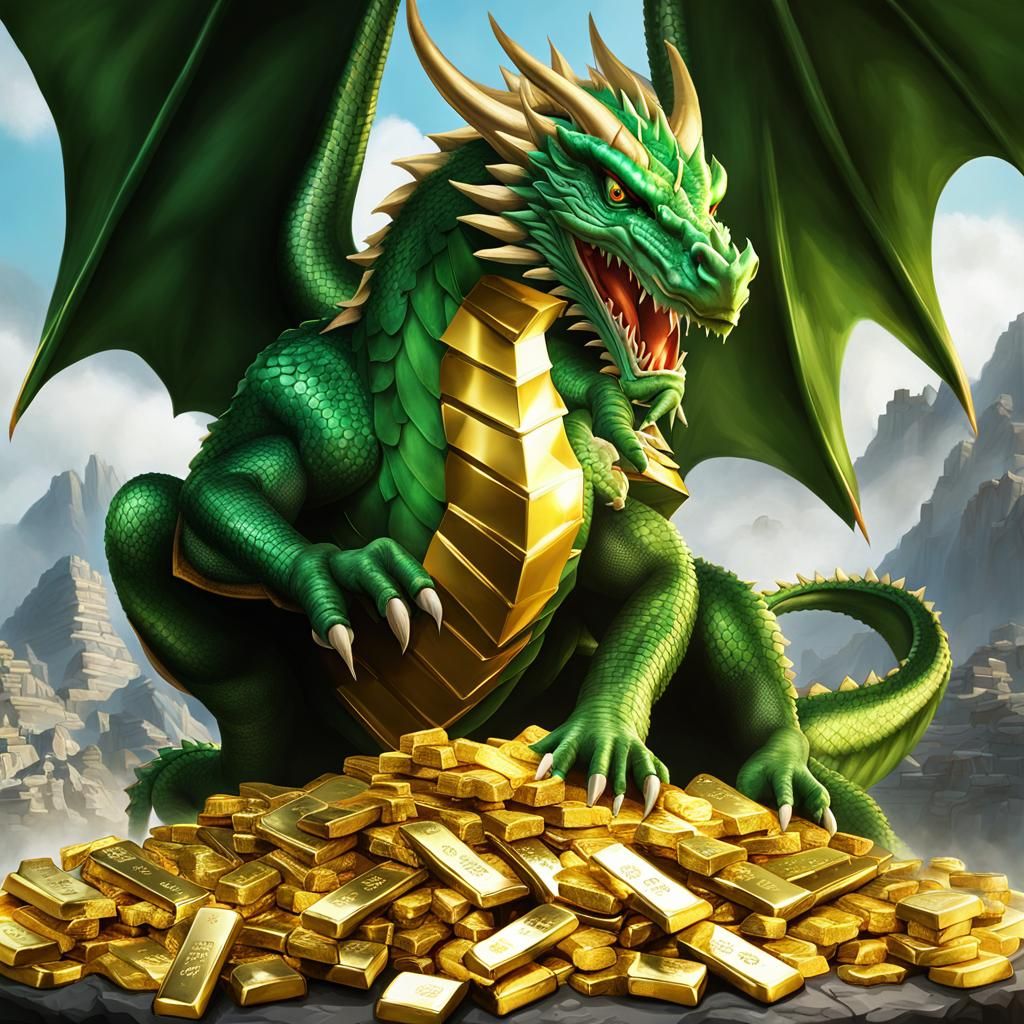 Majestic Green Dragon Protecting Gold Treasure