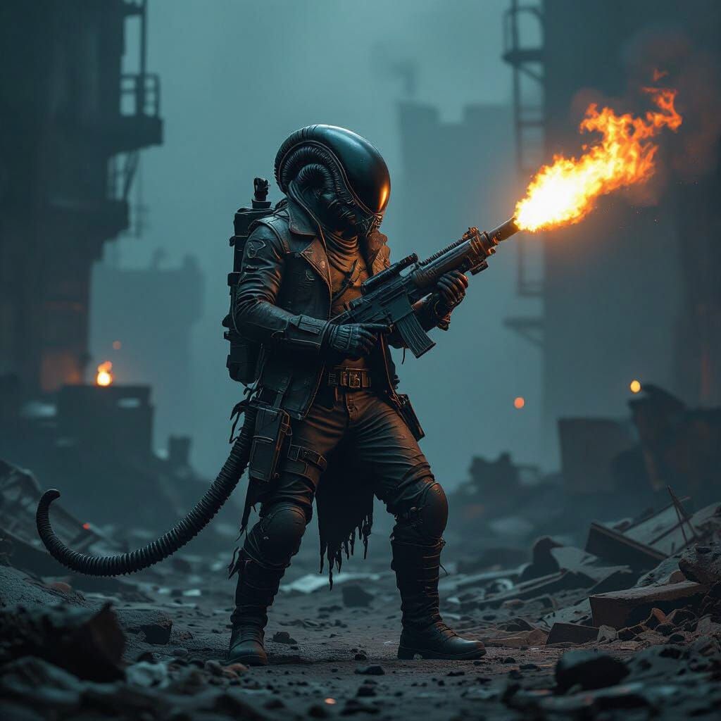 Xenomorph Hunter in Dark Industrial Wasteland