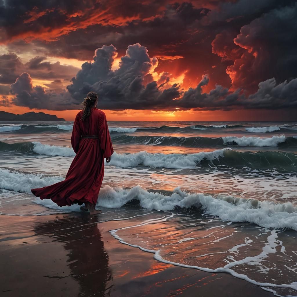 Stormy Coast Concept Art with Red Sunset