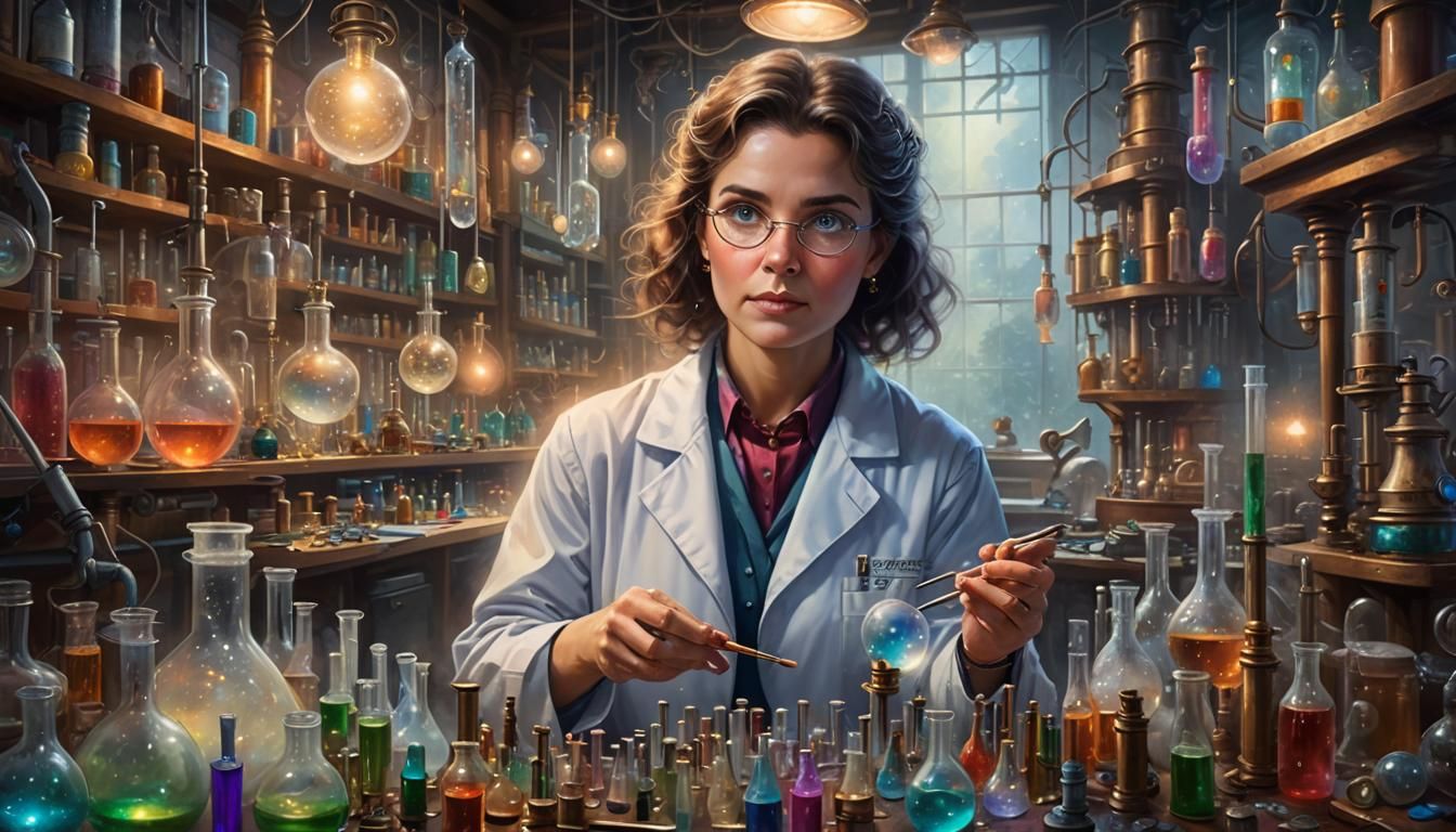 Ethereal Portrait of Female Scientist in Lab