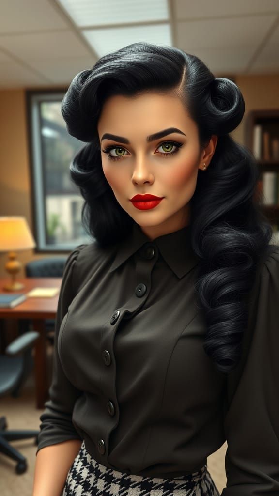 Glamorous 1940s Office Secretary in Fitted Blouse and Hounds...