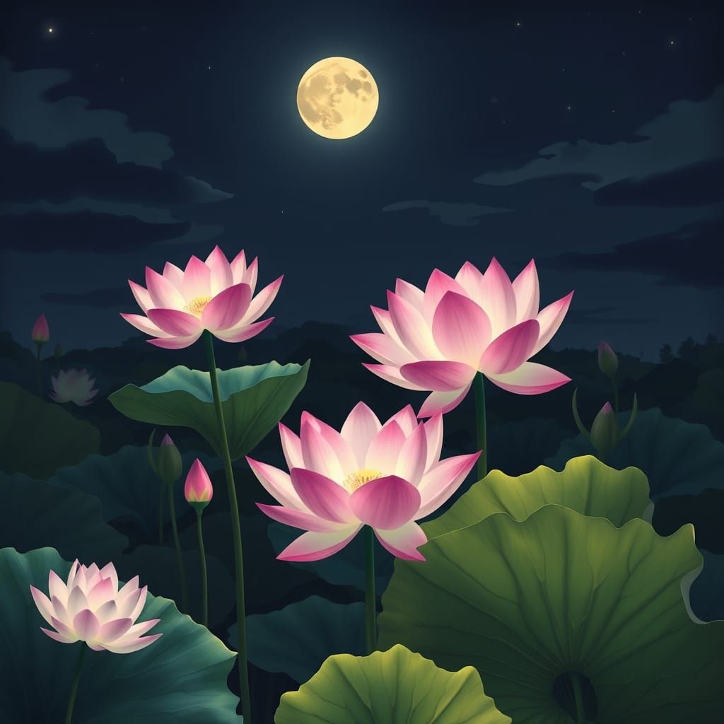 Surreal Lotus Blooms Under Celestial Glow