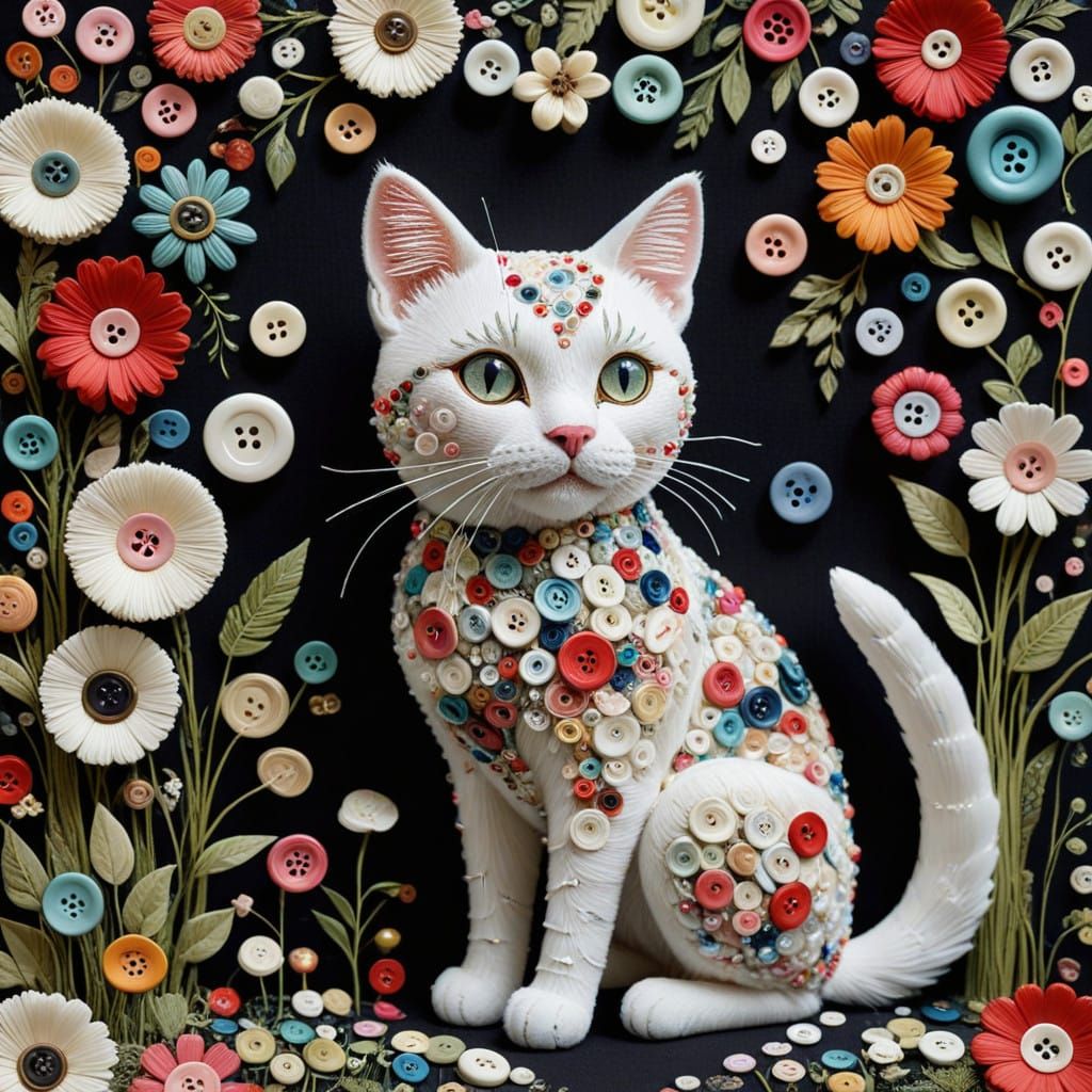 Majestic Pearl White Cat in Maximalist Button Garden