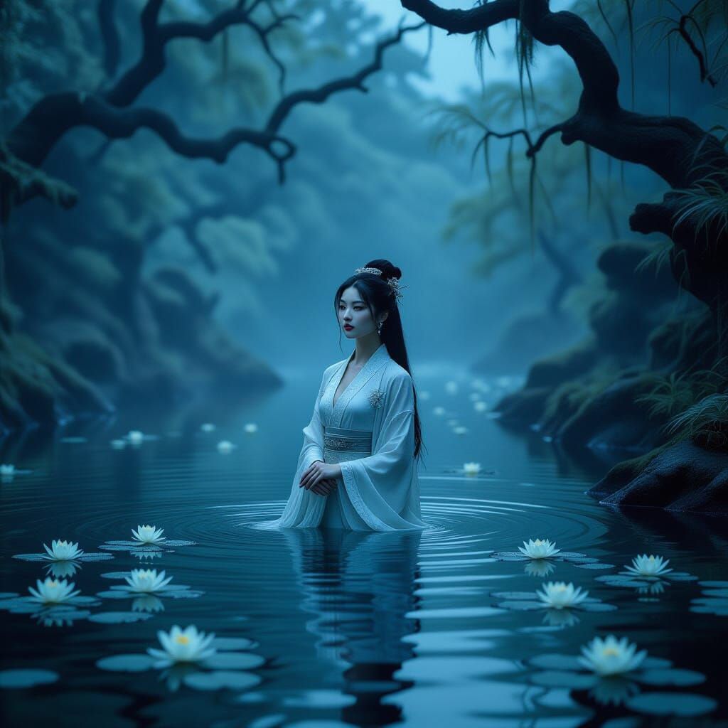 Ethereal East Asian Woman in Misty River