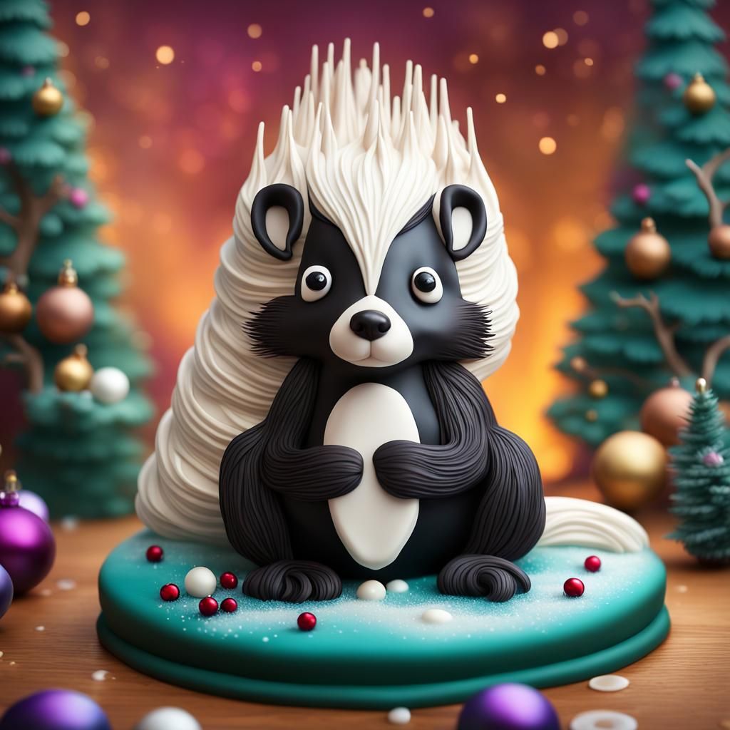 Whimsical Skunk Cake in Christmas Forest, Hyperrealistic