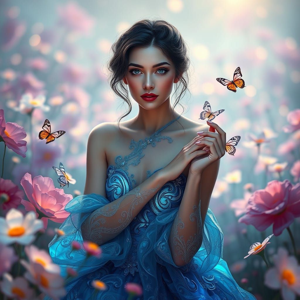 Ethereal Goddess of Enchanted Blooms in Iridescent Majesty