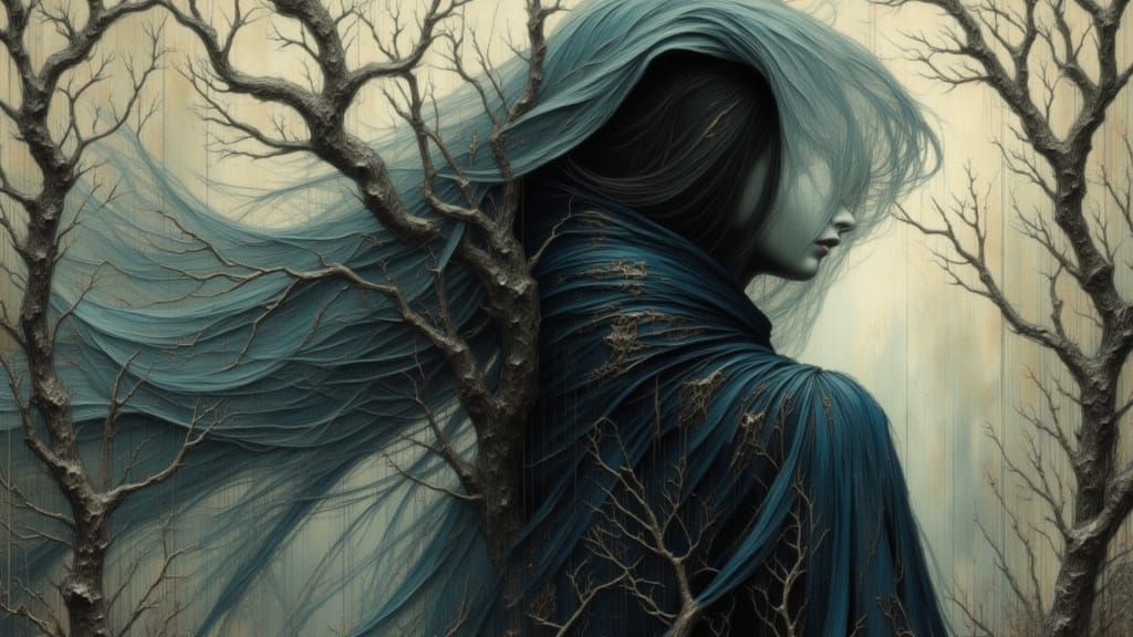 Mysterious Figure Behind Shimmering Veil