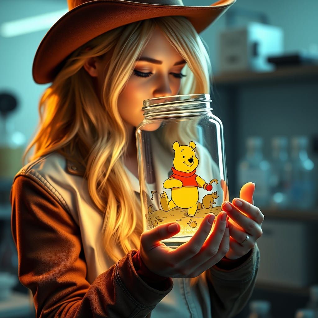 Scientist Holds Whimsical Cartoon Scene in a Jar
