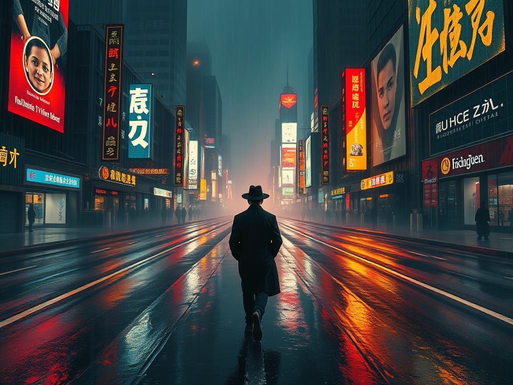 Gothic Figure Walks Through Neon City Streets at Night